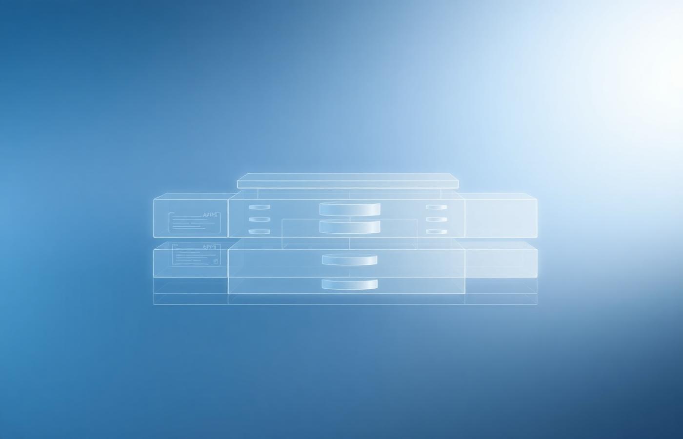 Layered software architecture visualized as translucent panels